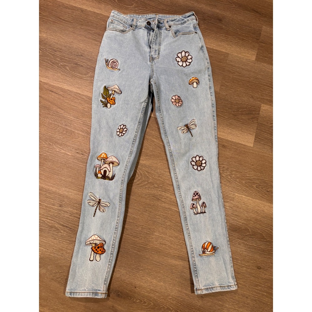 Cottagecore Mushroom Embroidered Light Wash High Rise Straight Leg Jeans Womens